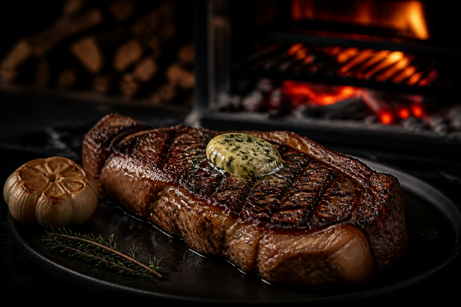 Wood-grilled steak with ember glow